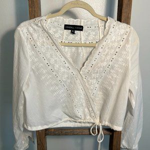 White Lace Cropped Long Sleeve Blouse